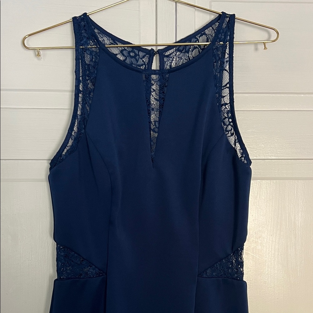 Navy Blue Lace-Trim Sleeveless Sheath Cutout Dress